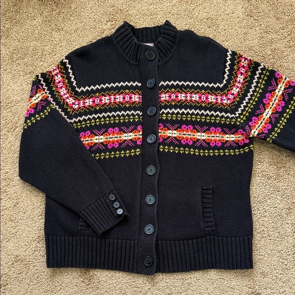 Vintage Tiara International Black Pink Nordic Printed Button Up Cardigan Sweater - Picture 1 of 5